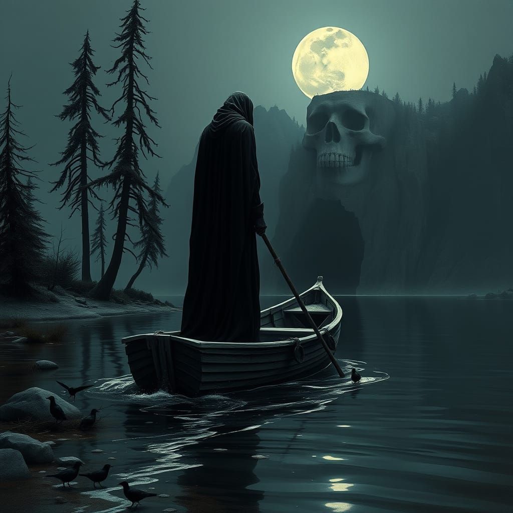 Gothic Ferryman Navigates Dark Waters to Skull Cave