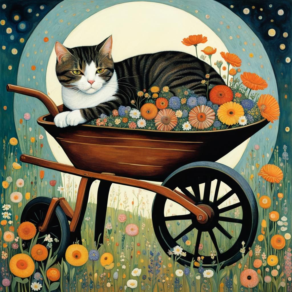 Cat Napping in Flowers: Art Nouveau Style