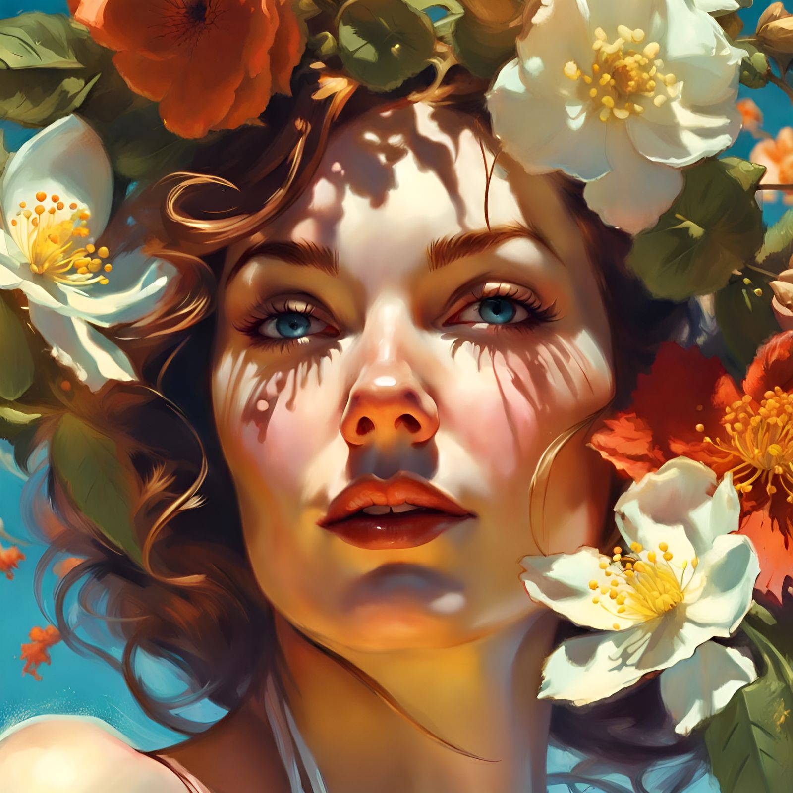 Bikini Beauty Surrounded by Flowers: Digital Pin-Up Art