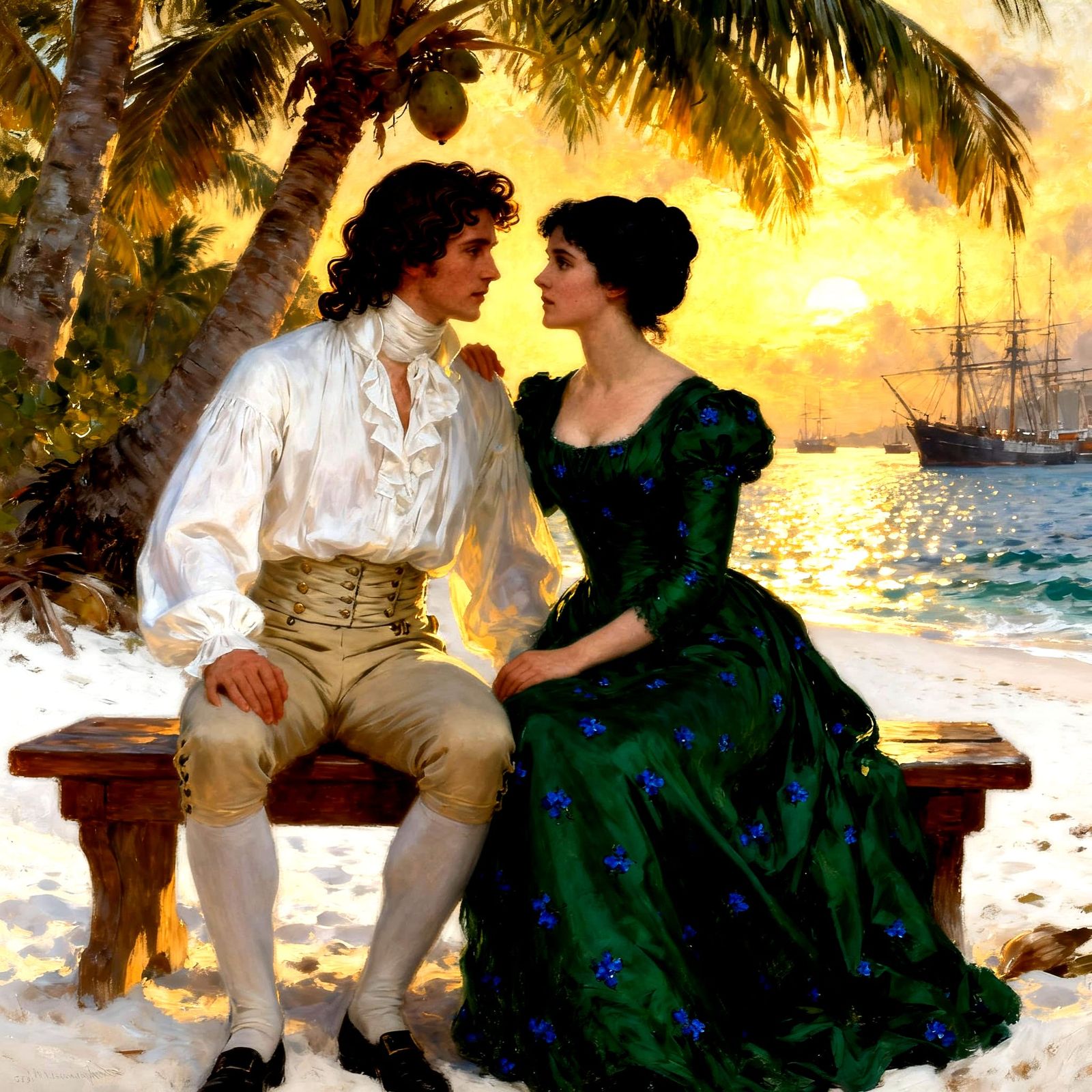 Regency Couple in Tropical Harbor, Early 1800s