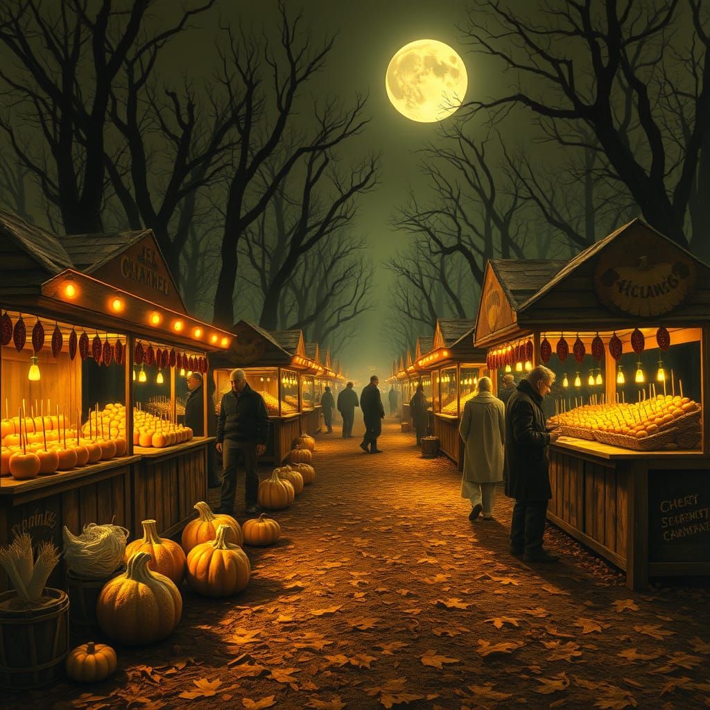A spooky harvest festival with caramel apple stands and corn...