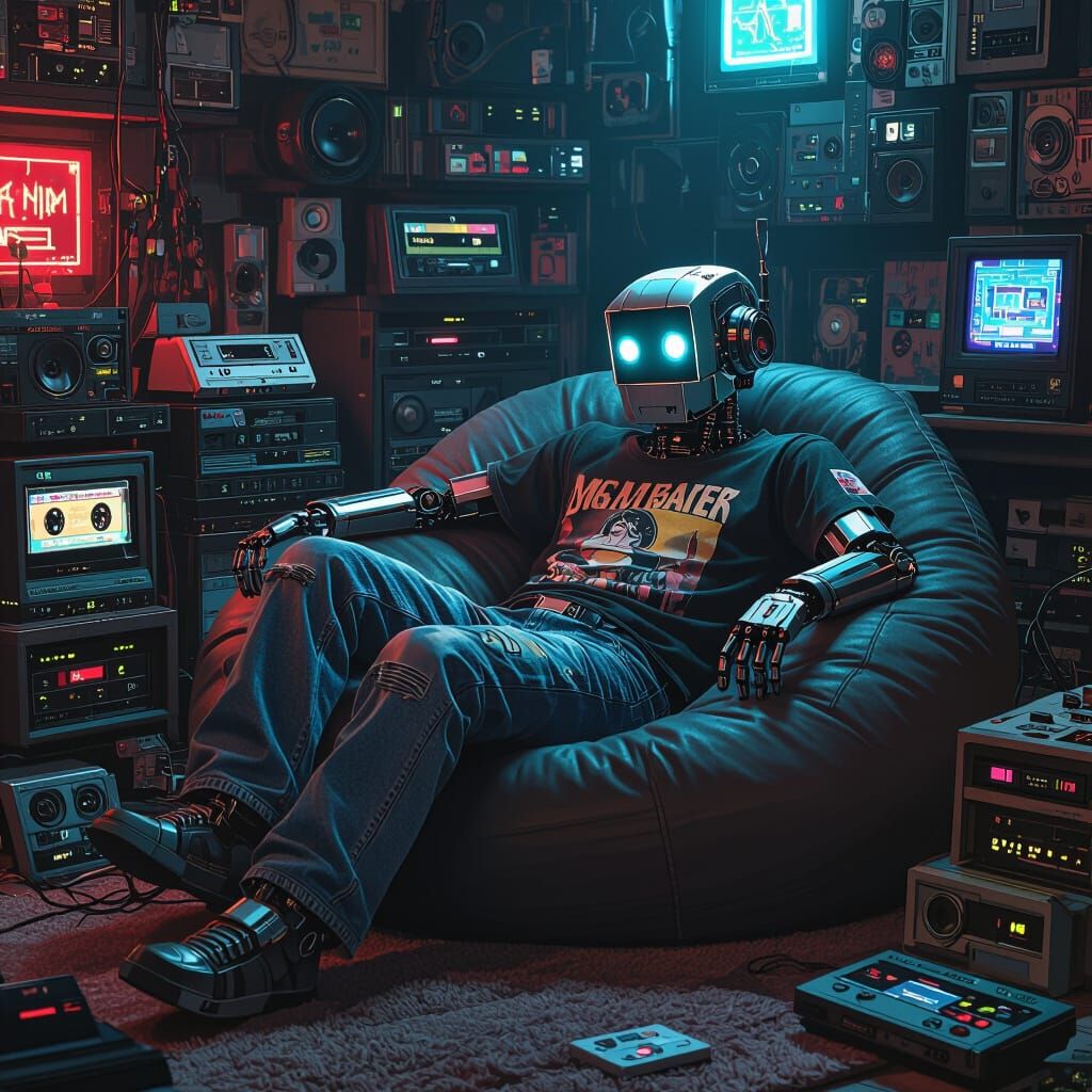 Gen X Robot Lounging with Vintage Tech in Dark Fantasy Style