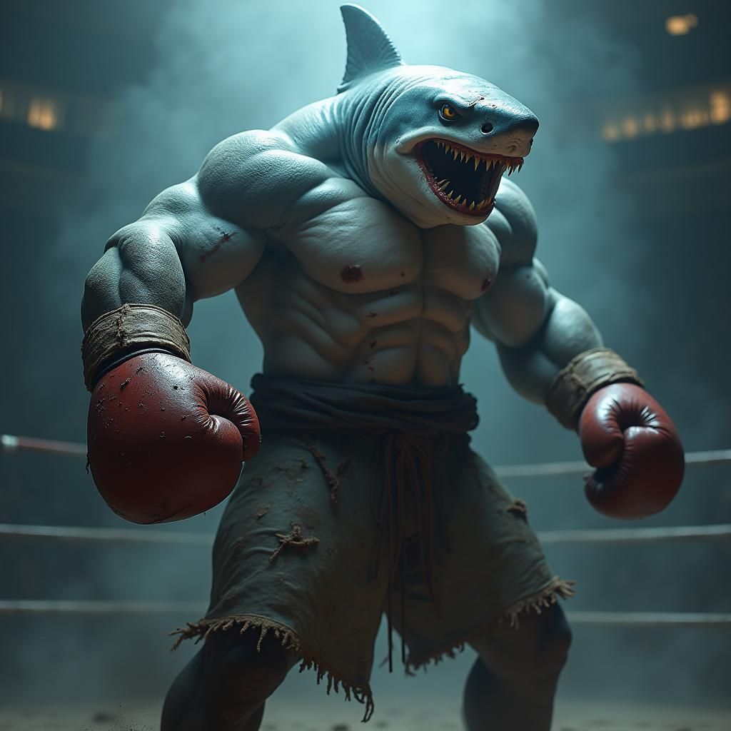Shark-Man Boxer in Dimly Lit Arena