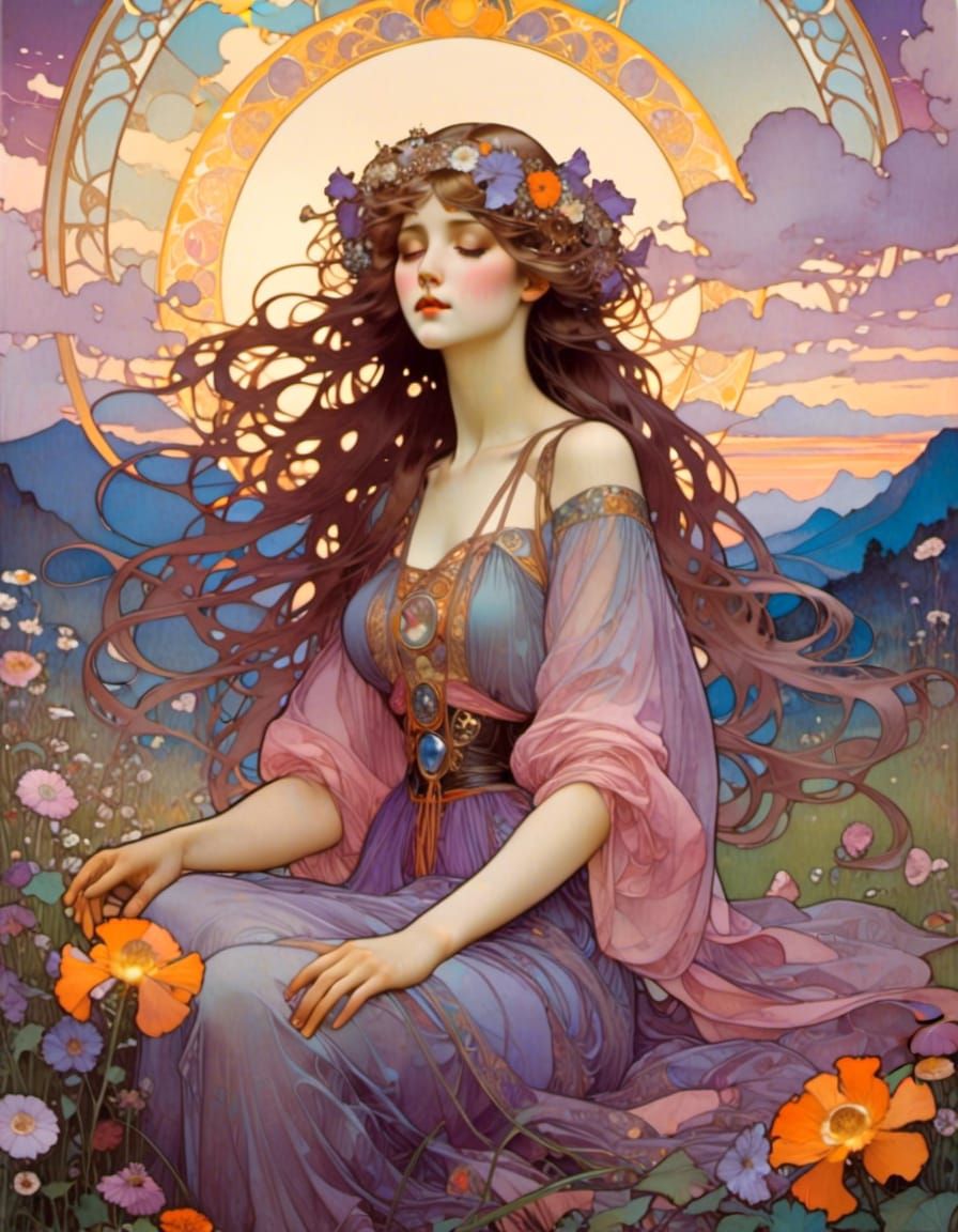 Girl in Floral Dress at Sunset, Art Nouveau