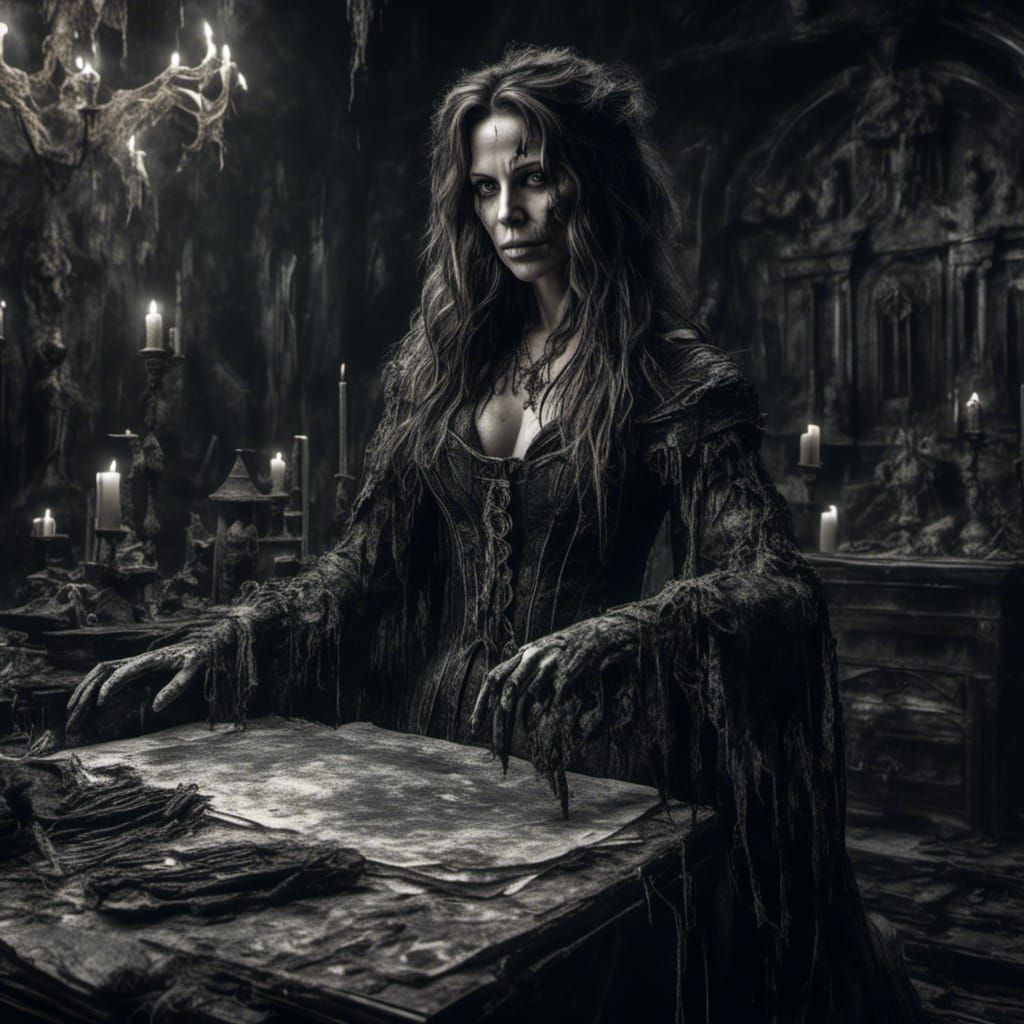 Kate Beckinsale Sorceress in Macabre Charcoal Sketch