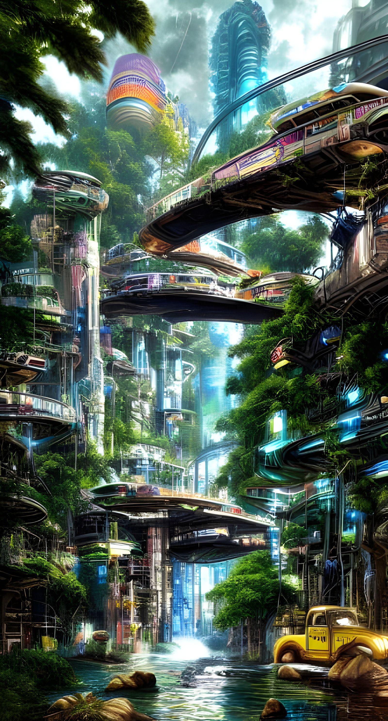 Cyberpunk City in Jungle, Retro-Futuristic Style