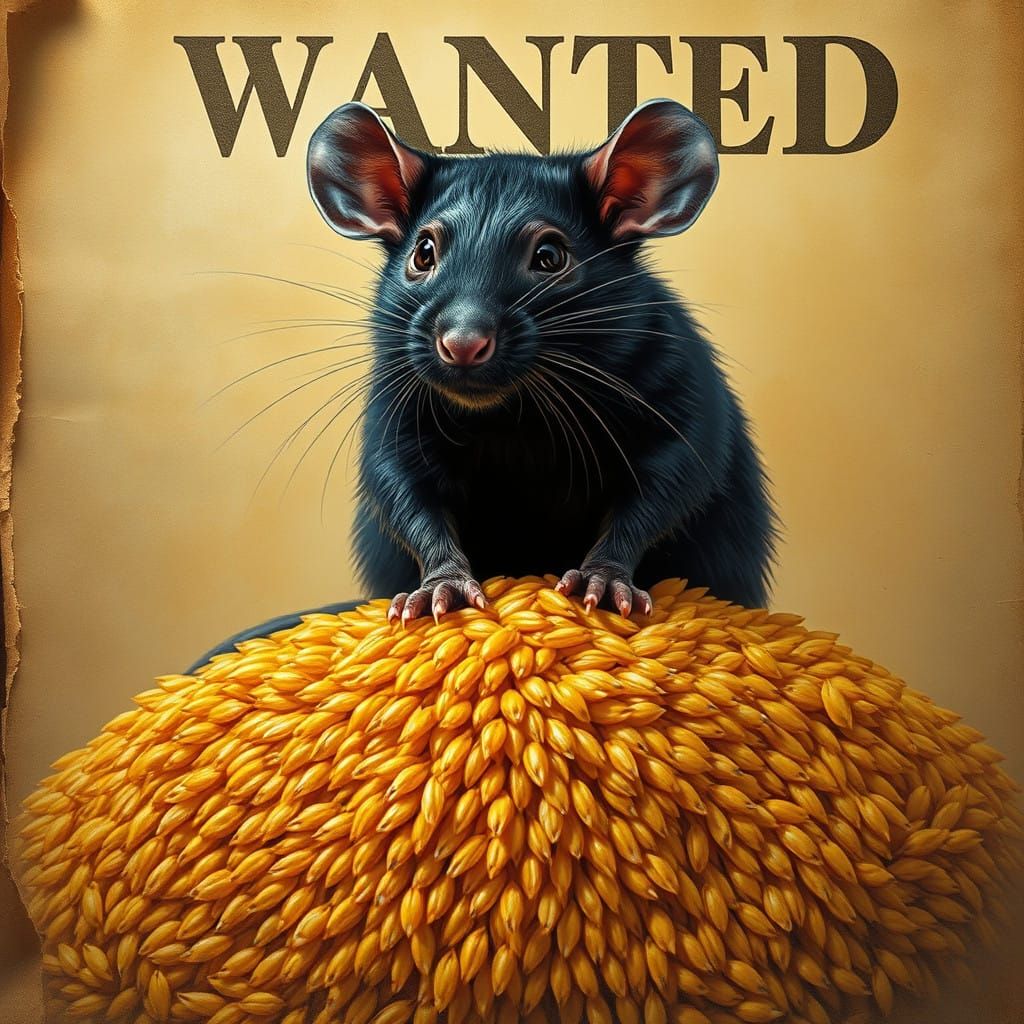 Regal Black Rat Amidst Golden Rice on Vintage Wanted Paper