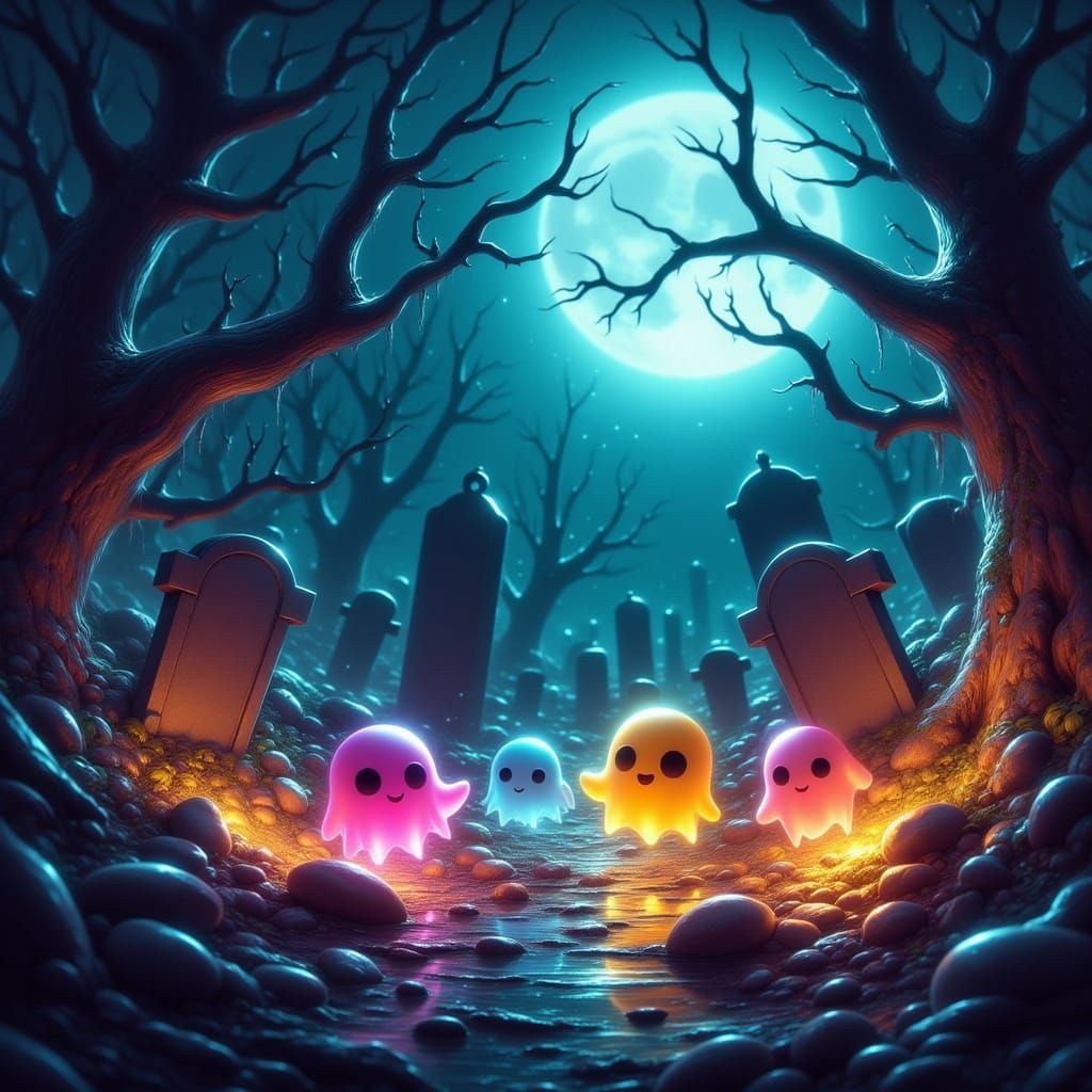 Pac-Man Ghosts in Gothic Cemetery with Glowing Lighting