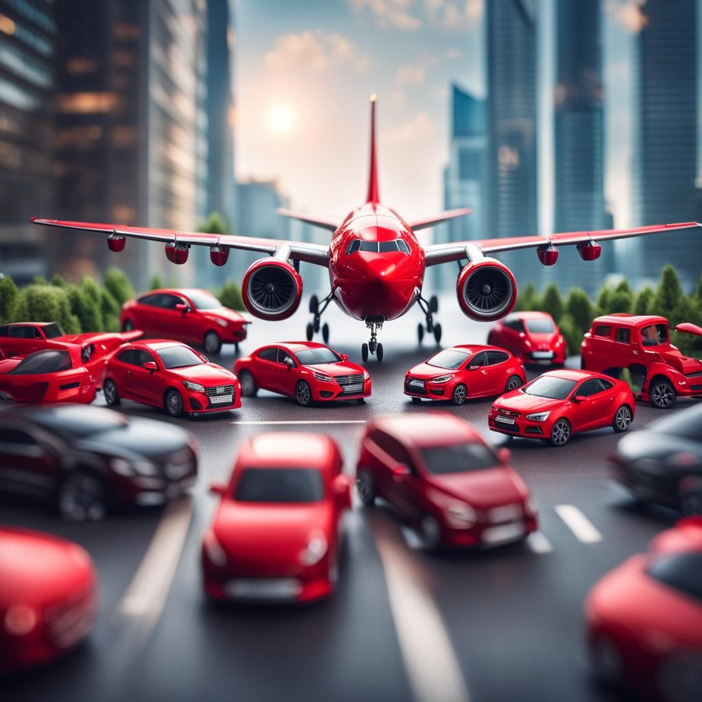 Red Airplane and Cars Integrated with City View