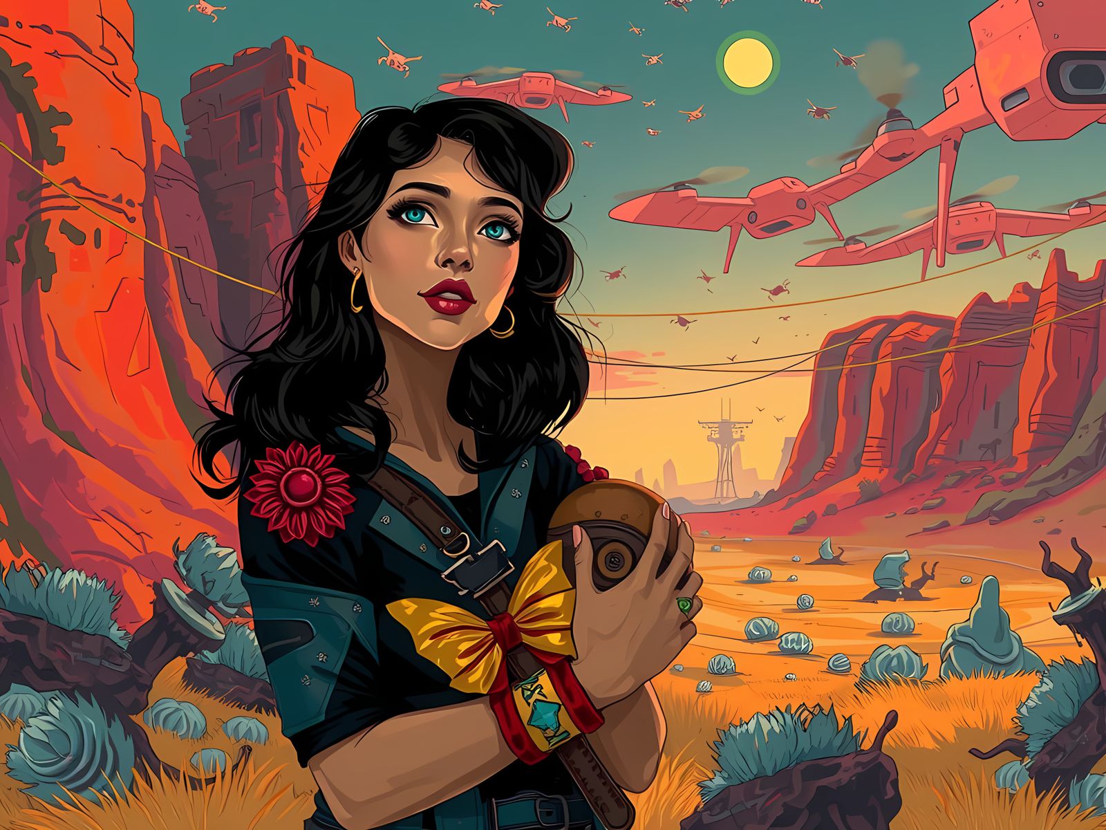 Intrigued Brunette in Drone-Filled Desert, Tonalist Illustra...