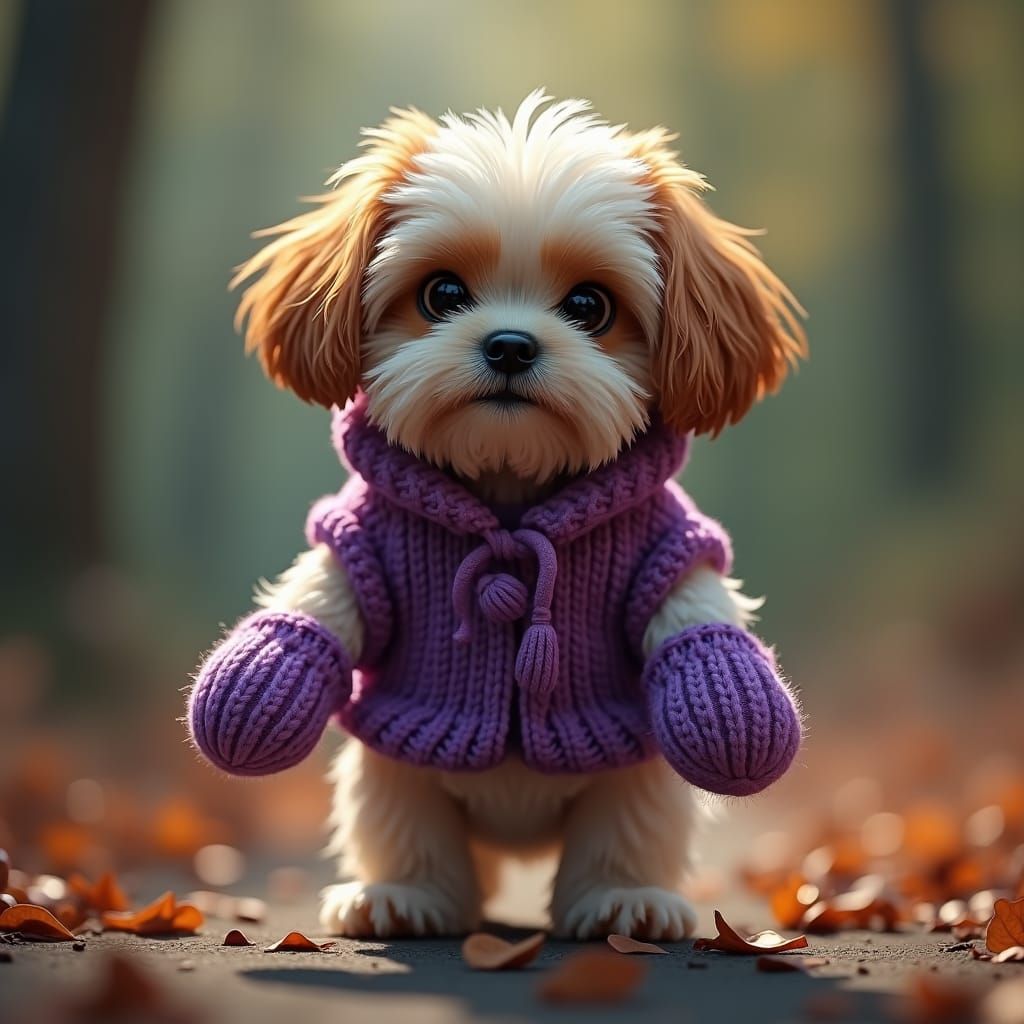Shitzu Dog in Purple Vest and Mittens