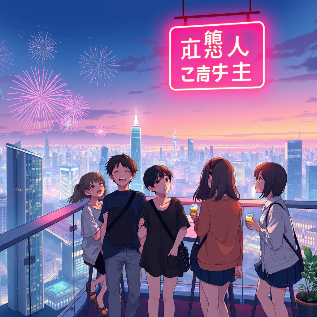 Anime Friends Enjoy Fireworks at Night Cafe
