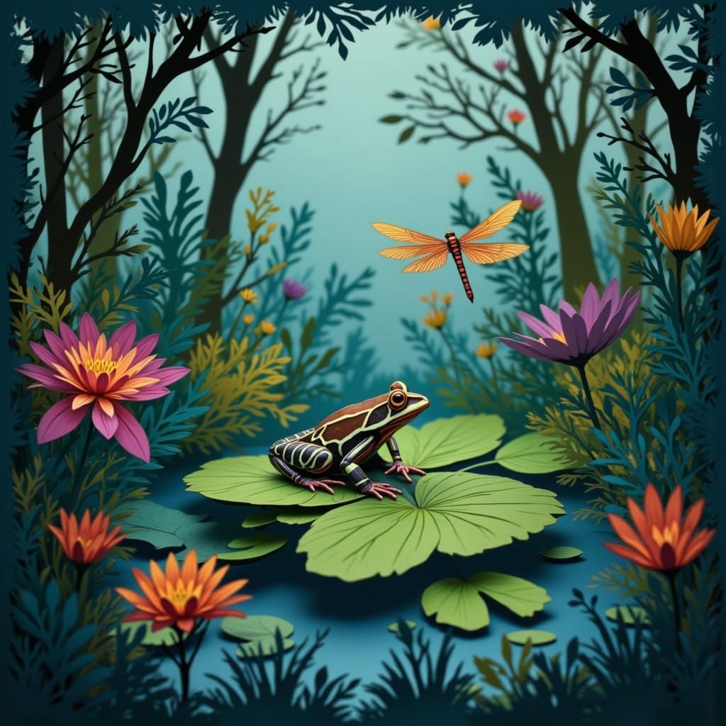 Toad and Dragonfly Shadowbox Papercut Diorama