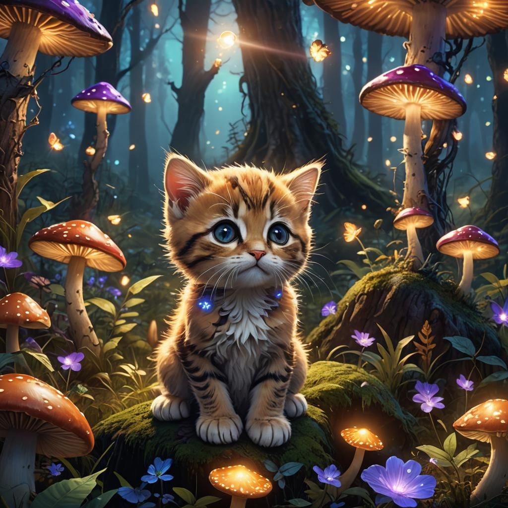 Cute Kitten in Whimsical Forest, Digital Art