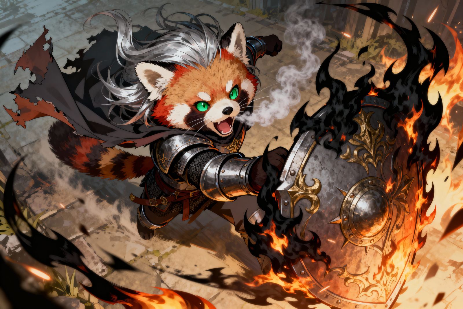 Anime Red Panda Knight Roars in Black Flames