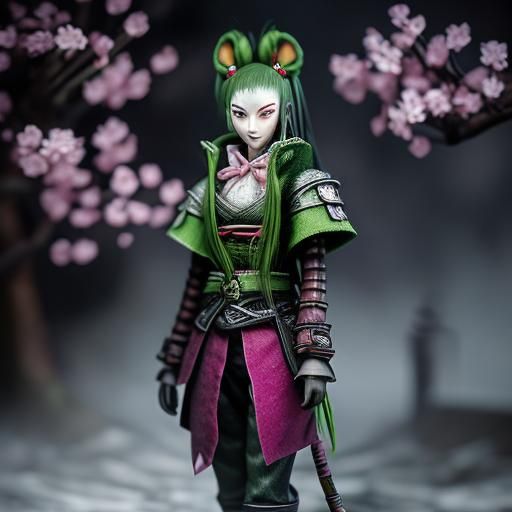 Ethereal Moonlit Kitsune Warrior in Post-Apocalyptic Town