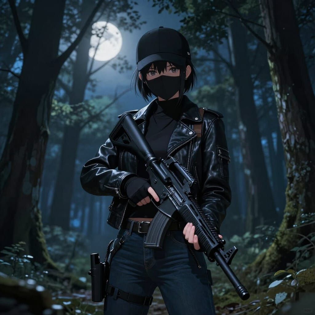 Anime Girl with AR Rifle in Moonlit Forest