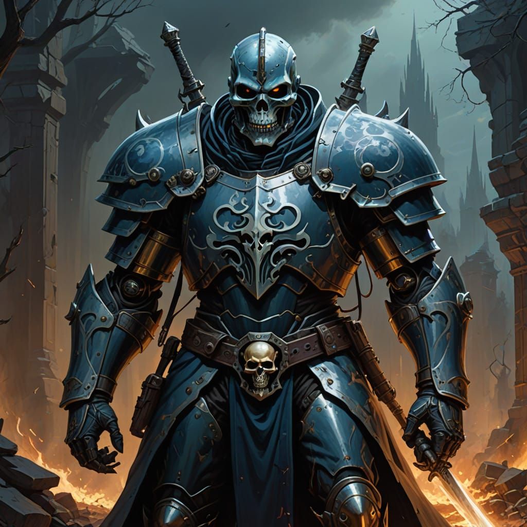 Cyberpunk Warforged Paladin Standing on Battle-Scarred Rampa...