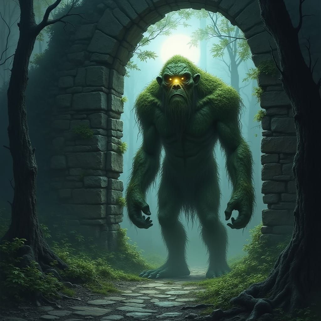 Ancient Troll Guards Mystical Castle Gate in Moonlight