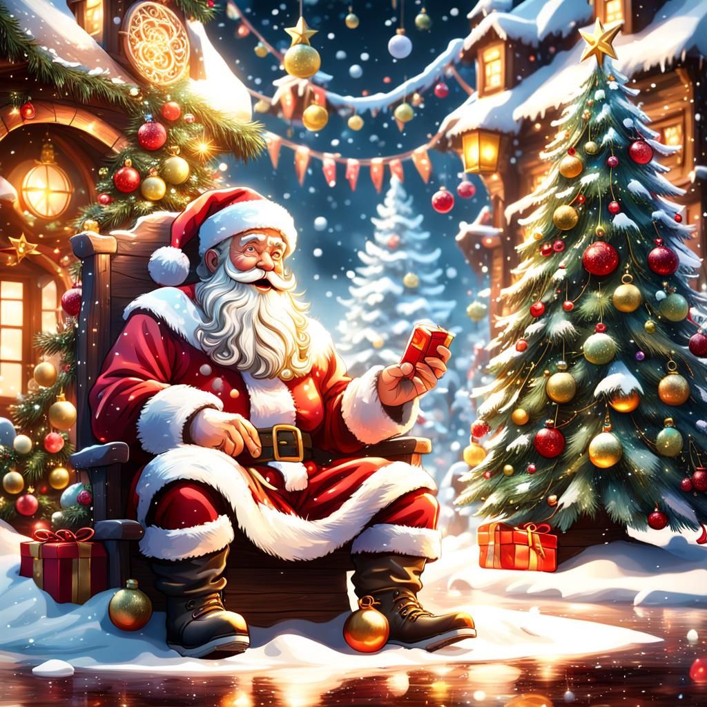 Joyful Santa Claus with Christmas Tree in Snow