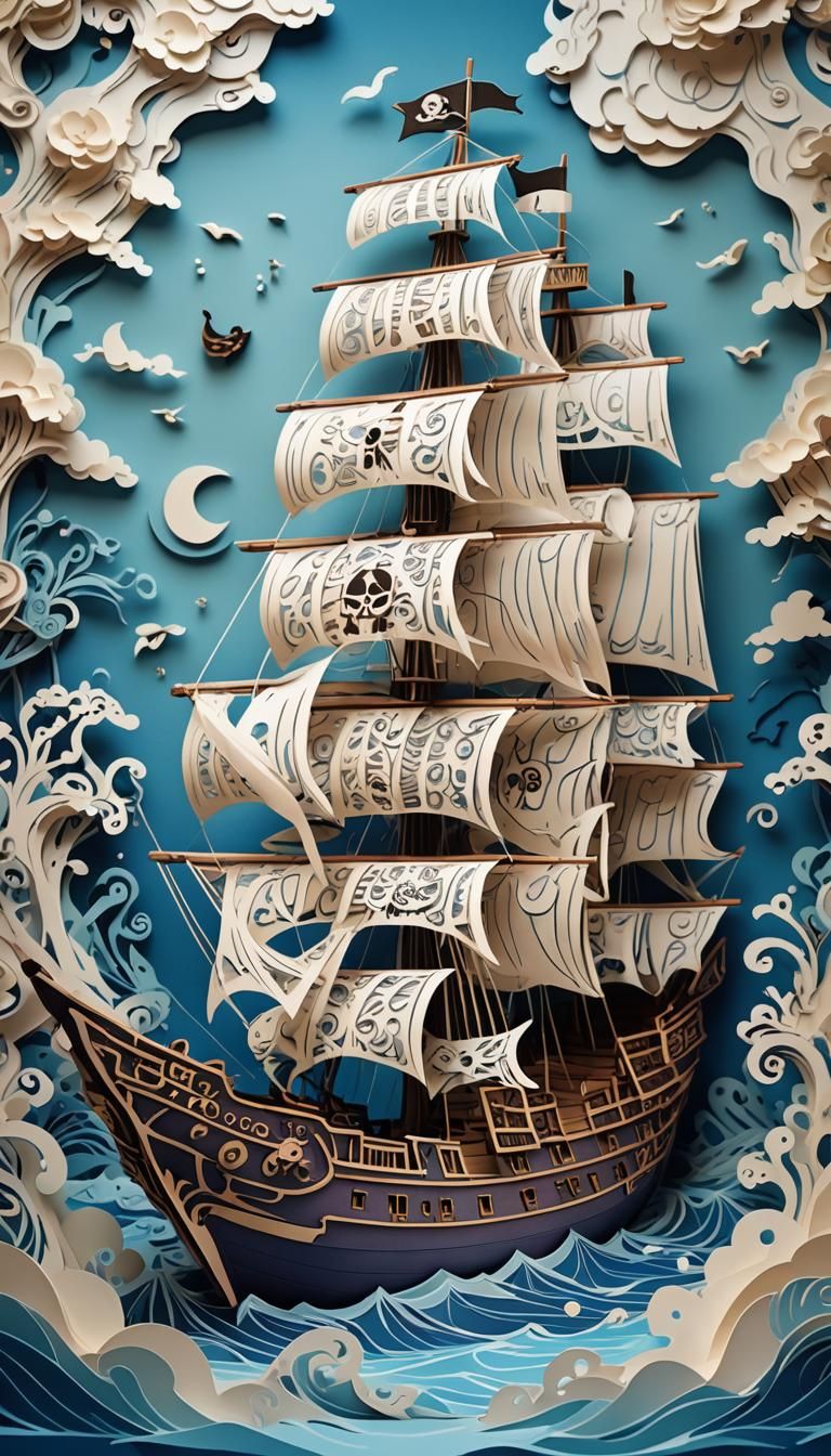 Kirigami paper craft style fantasy pirate ship , blue, water...