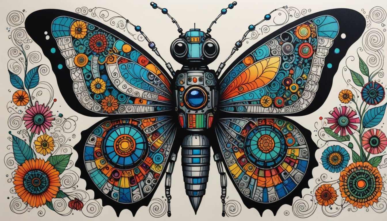 Robot Butterfly in Vibrant Zentangle Art