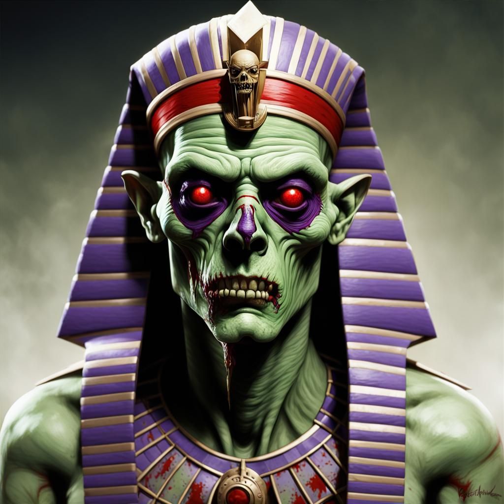 green and purple stripe bandages zombie pharaoh curse red eyes sinister by Greg Rutkowski