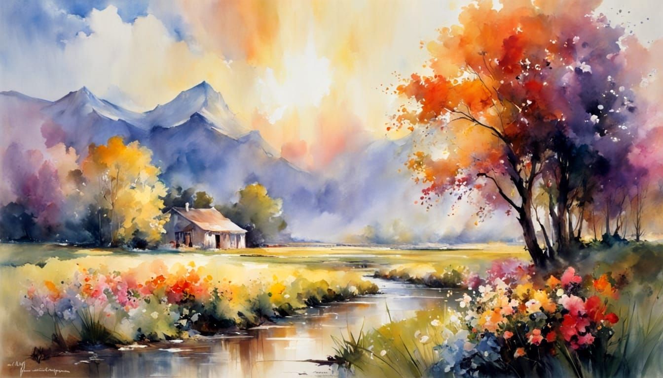 Surreal Watercolor Landscape with Blossoming Flowers and Cre...