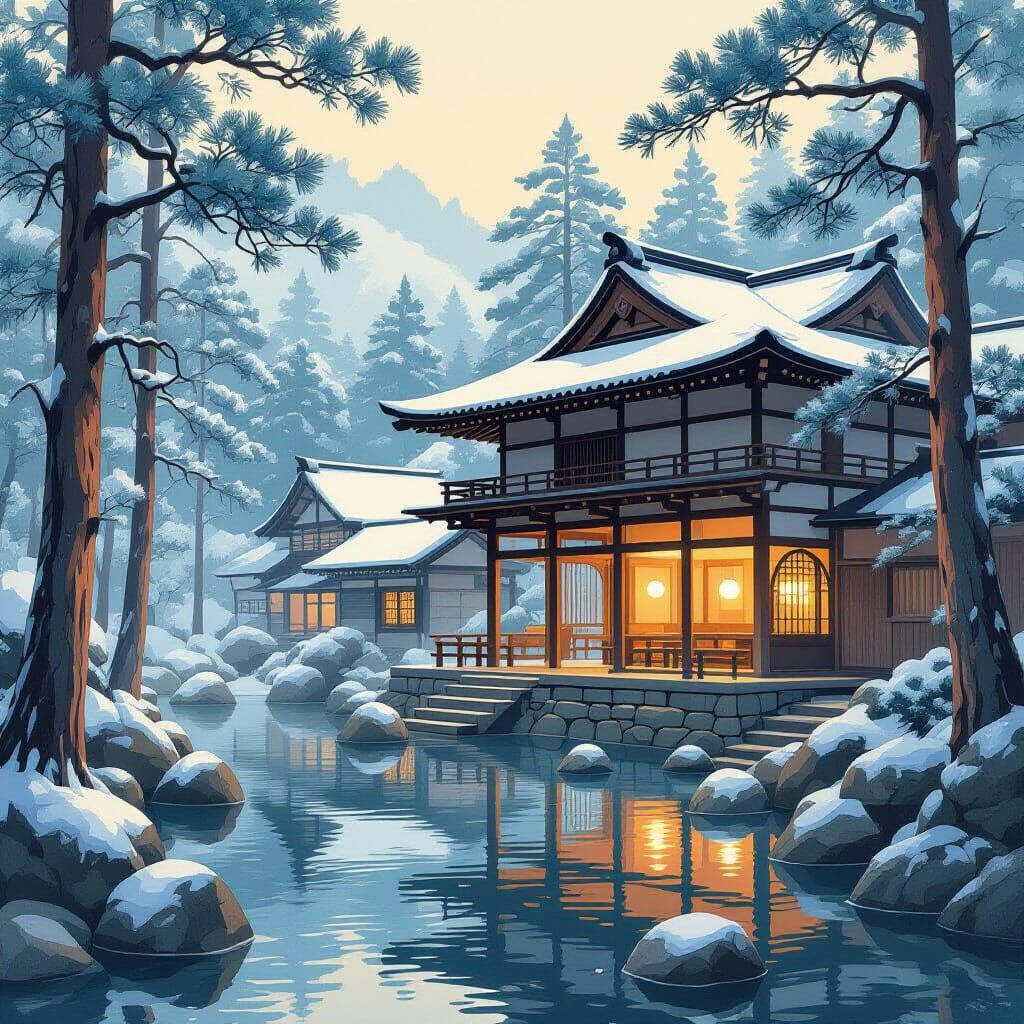 Serene Mountain Onsen Village in Japanese Woodblock Style