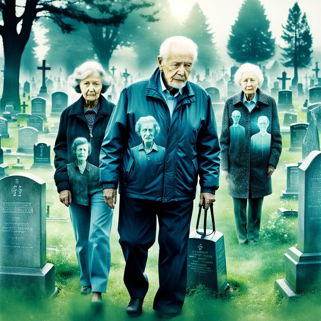 Surreal Multiple Exposure of Woman, Man, Cemetery