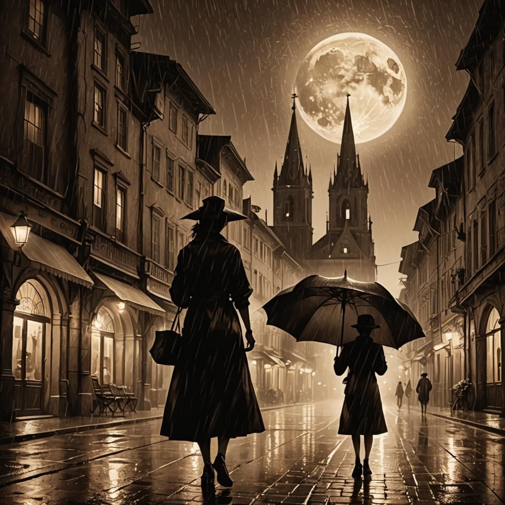 Woman in Sepia Silhouette Under Moonlight