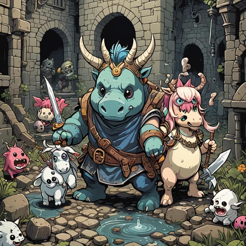 Barbarian and Sewer Fairy Unicorns in Fantasy Landscape