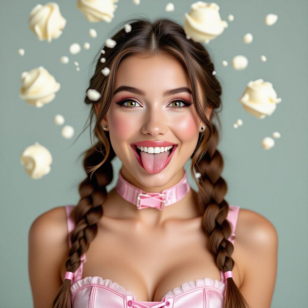 Woman in Pink Corset with Dessert Falling