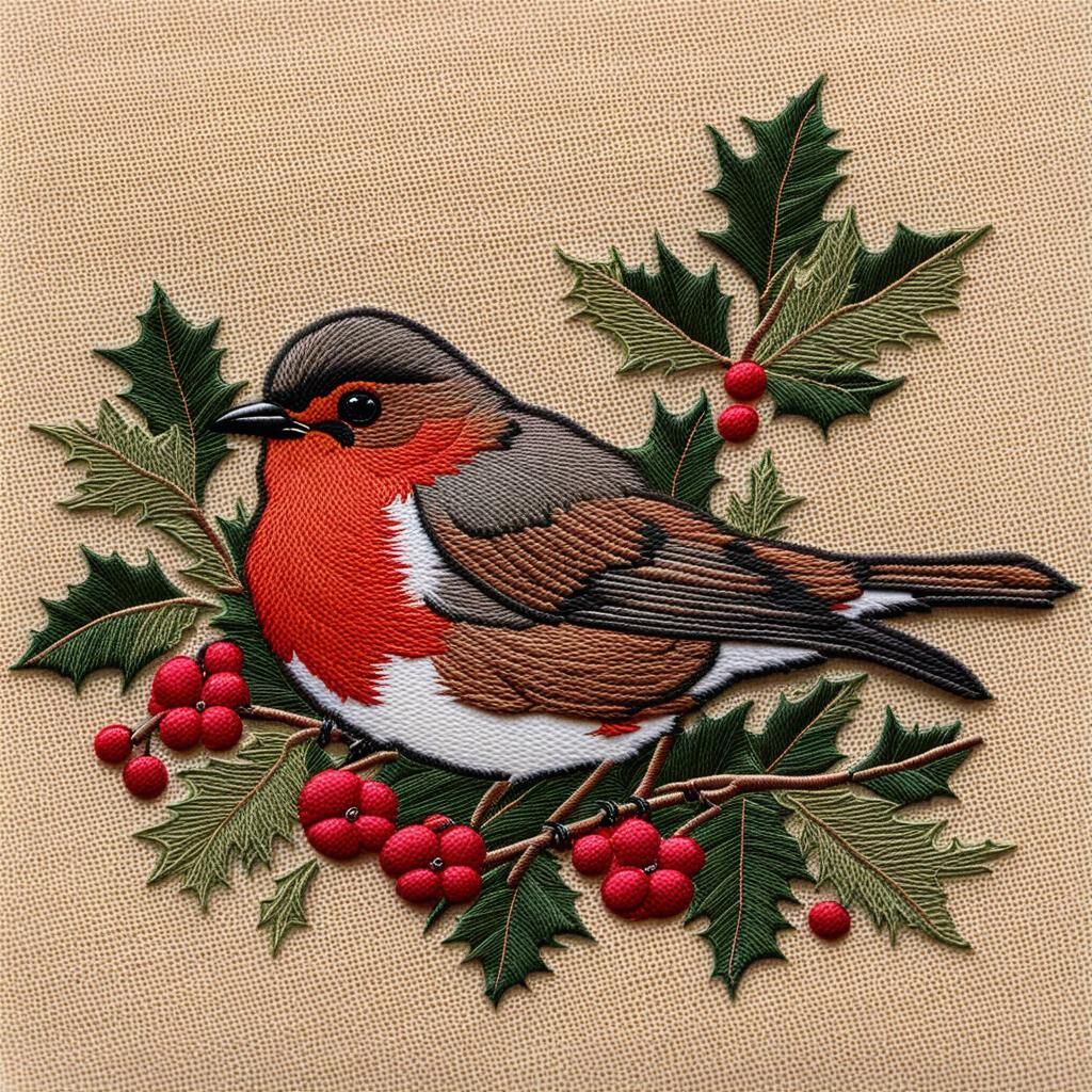 Embroidered Christmas Robin on Holly Branch