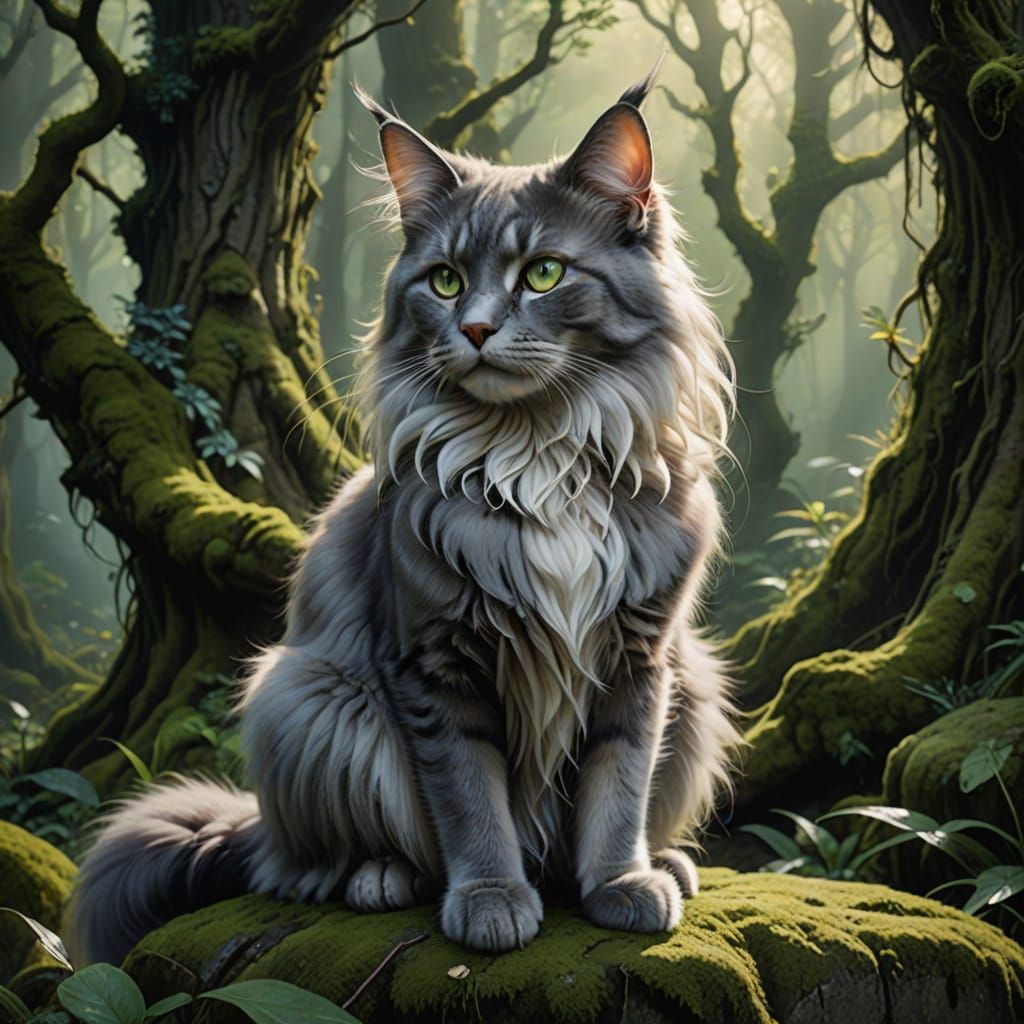 Long-Haired Gray Cat in Magical Forest Clearing