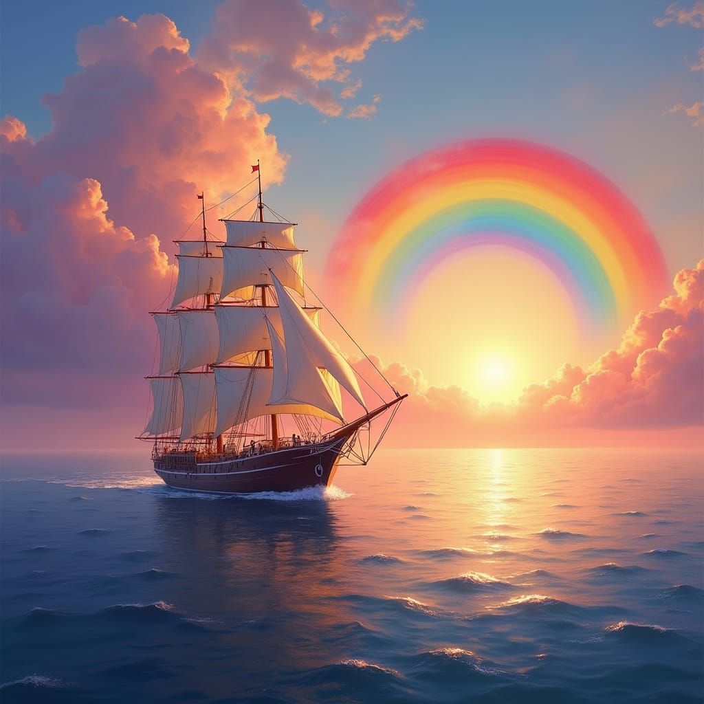 Sailing Vessel Glides Toward Rainbow Horizon at Sunset