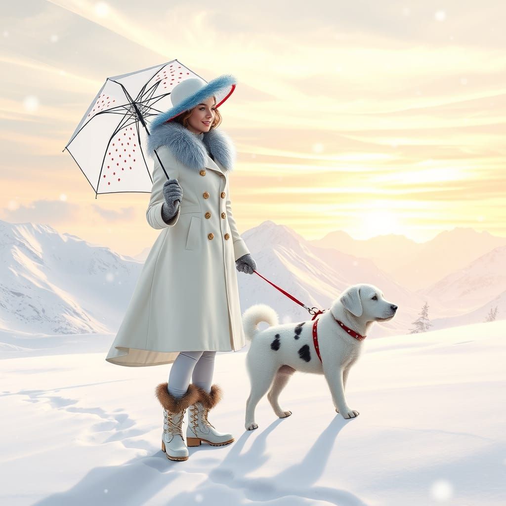 Regal Woman Walks Majestic White Dog in Snowy Sunrise