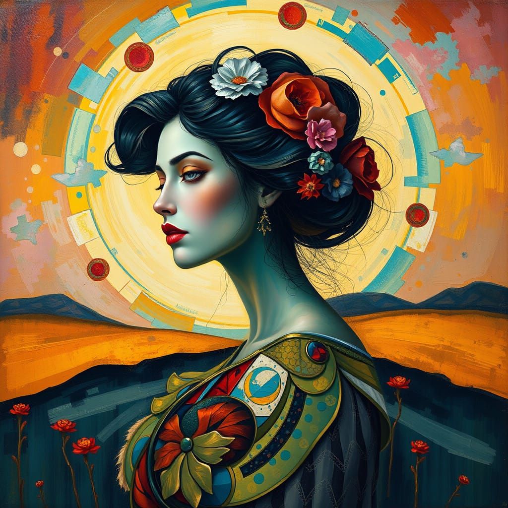 Surrealist Woman in Vibrant Cubist Style with Art Nouveau Te...