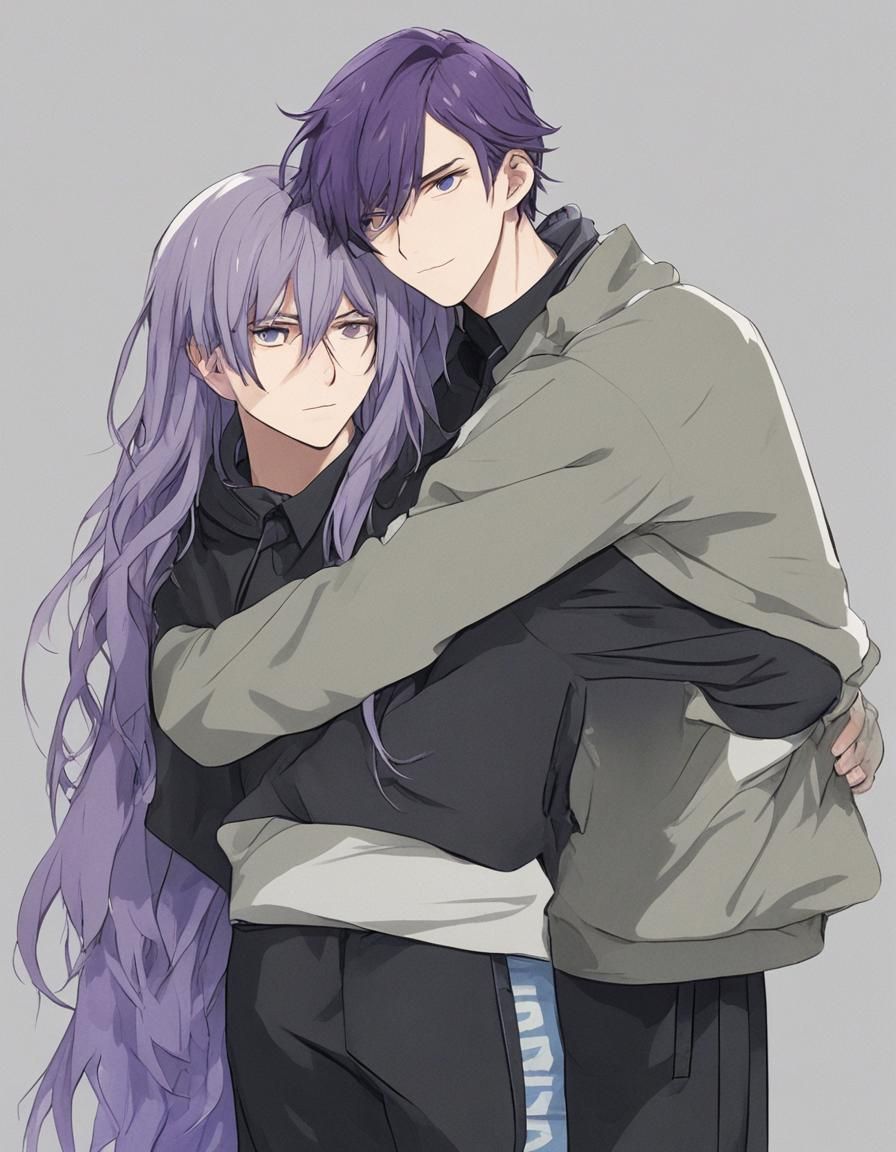 Two Boys Embrace: Gray Hair and Purple Hair
