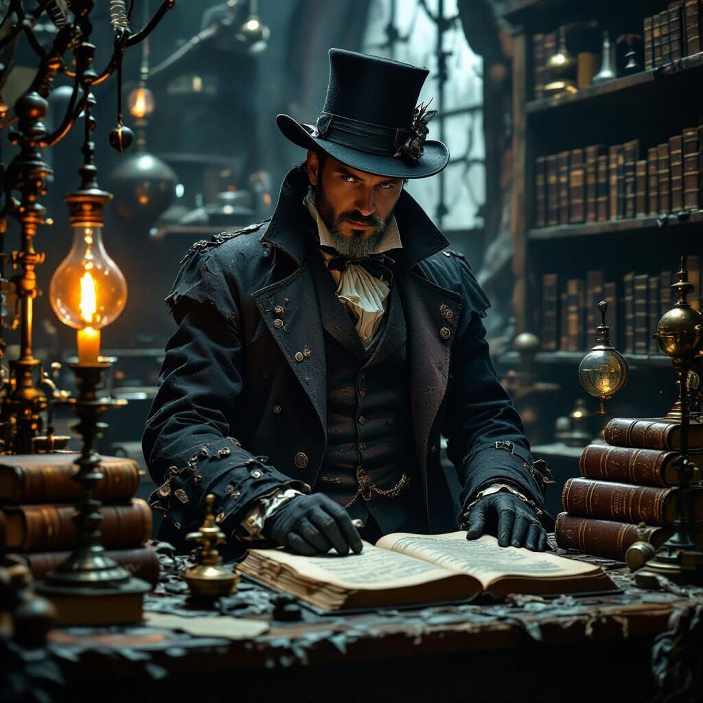 Gothic Scientist in Dimly Lit Laboratory