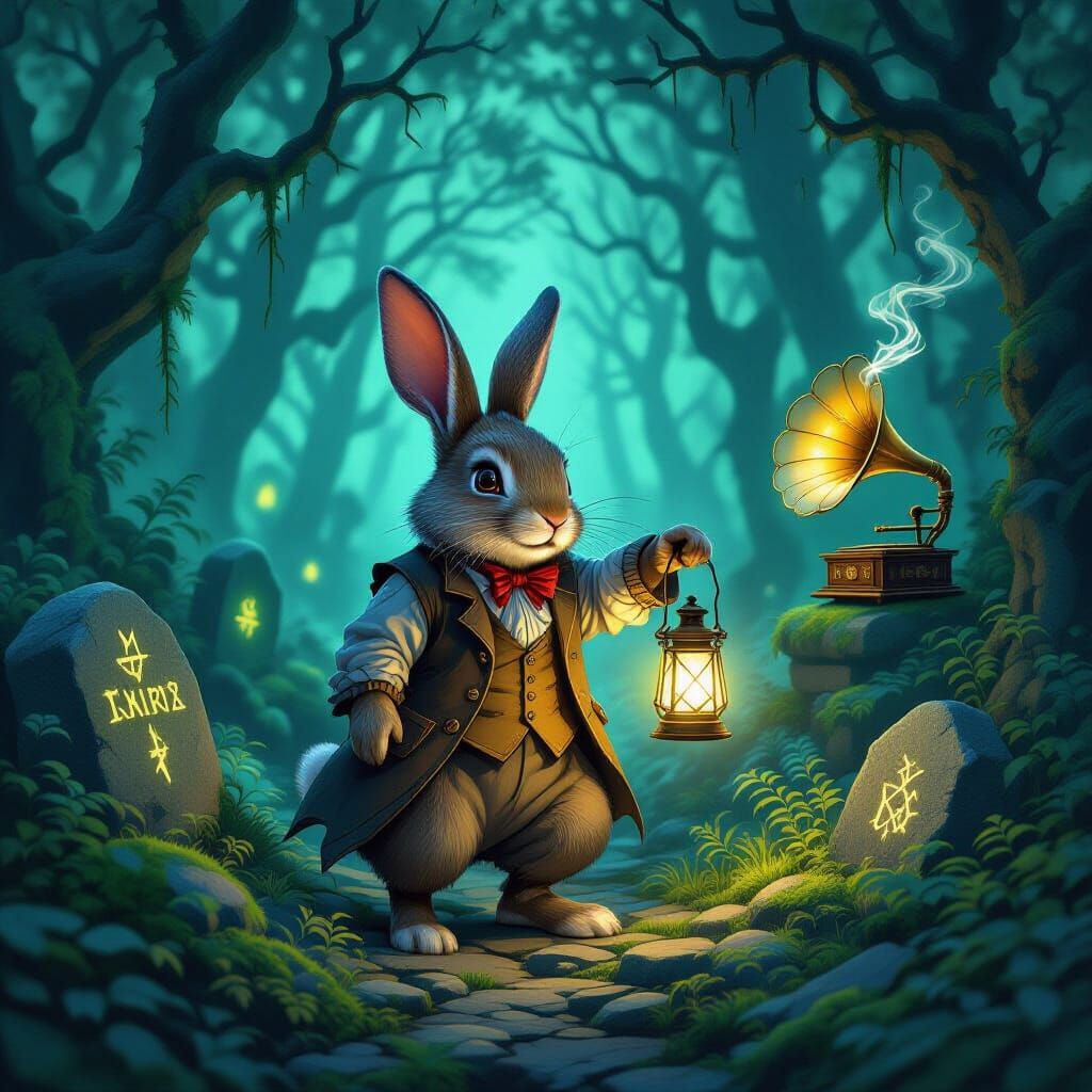 Rabbit with Lantern in Rune Forest, Dark Fantasy Digital Art