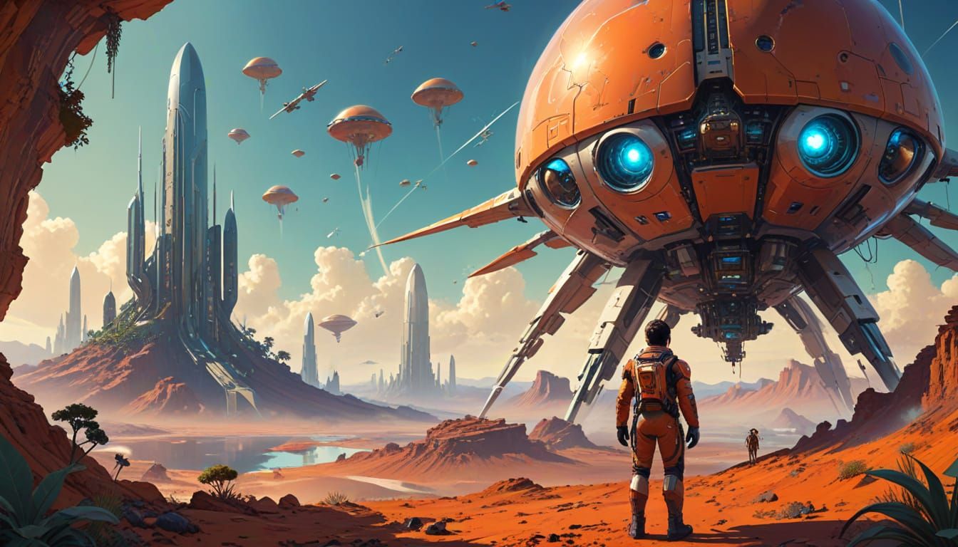 Future Mars Cityscape with Pilot and Flying Pod