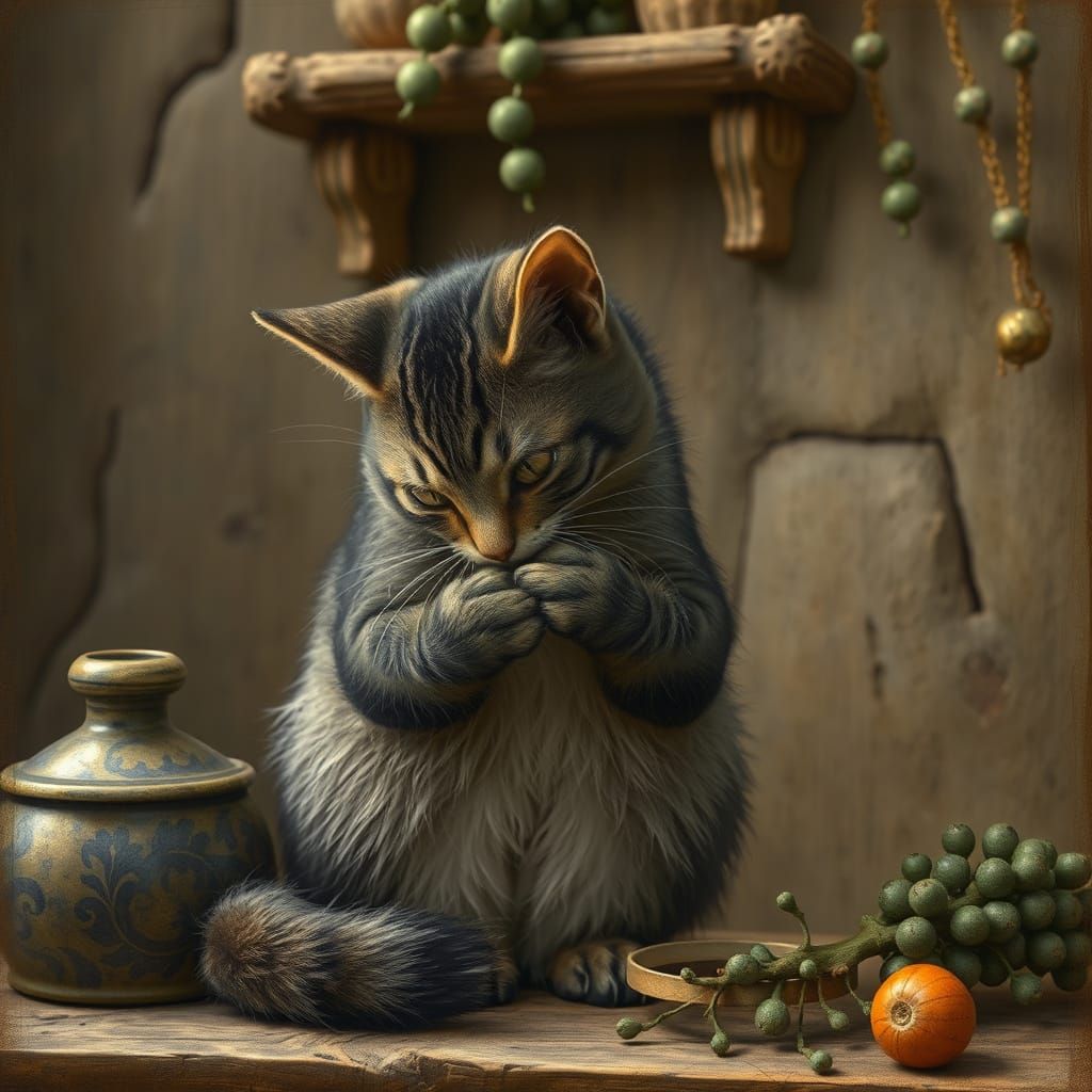 Cat Grooming Itself in Vinhester, Illustrated Style