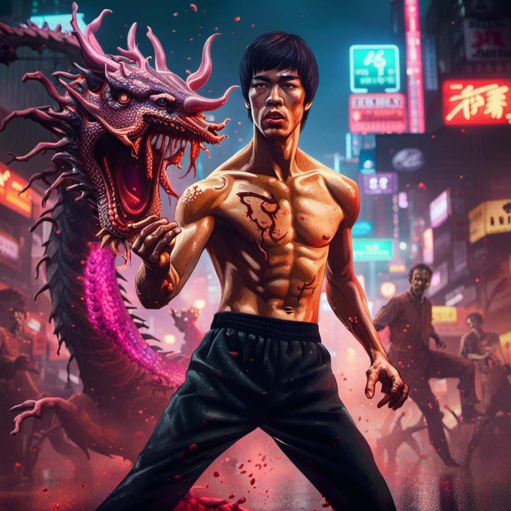 Bruce Lee Versus Dragon in Neon Zombie City