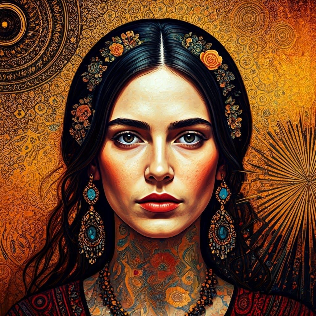 Benjamin Lacombe style, Creative portrait art, blend various artistic styles, vibrant colors, expressive brushwork, styl...