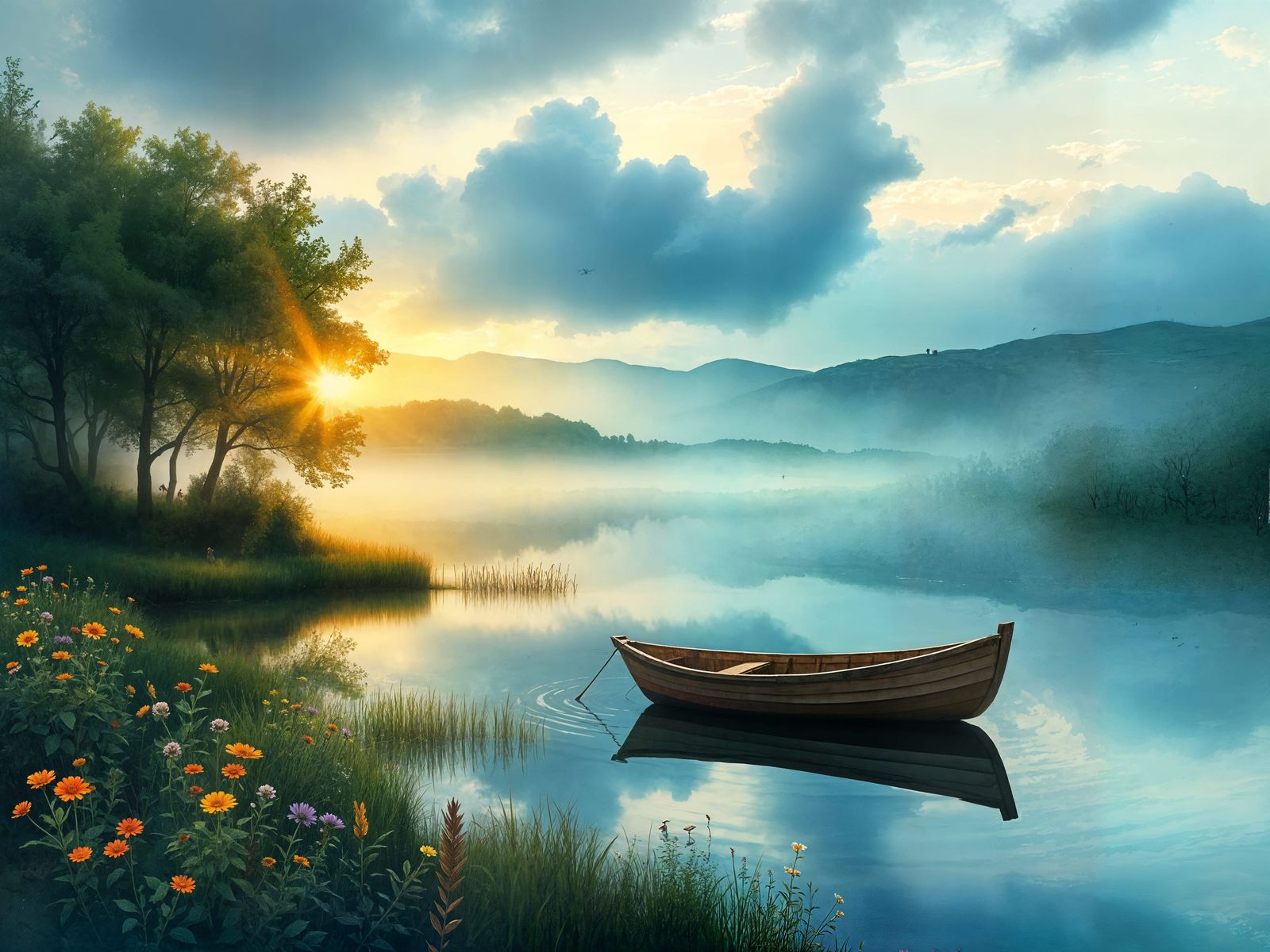 Spring Countryside Lake in Watercolor Style