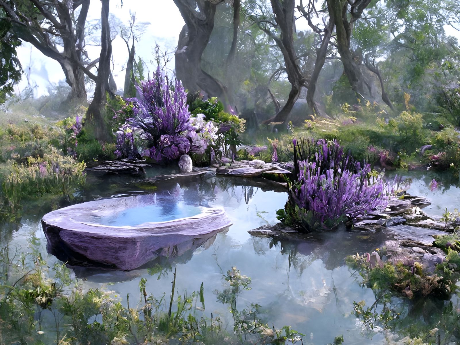 Serene Lavender Flower Pond in Fantasy Art Style