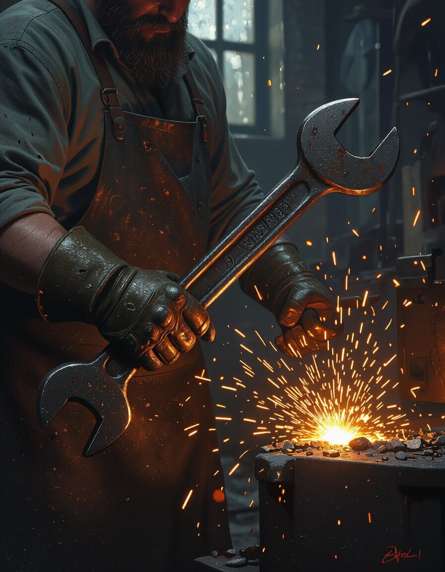 Blacksmith Grips Wrench with Sparks Flying