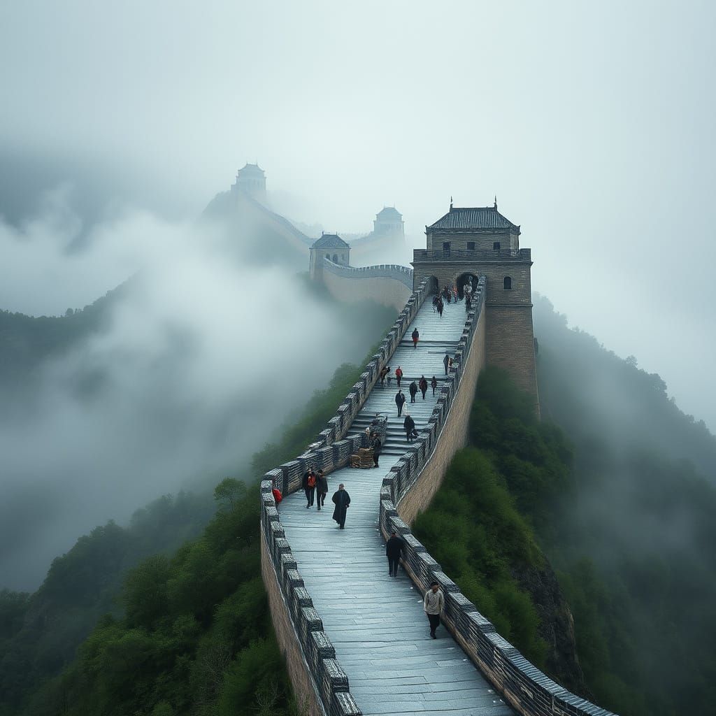 Great Wall of China in Misty Mountains with Guards
