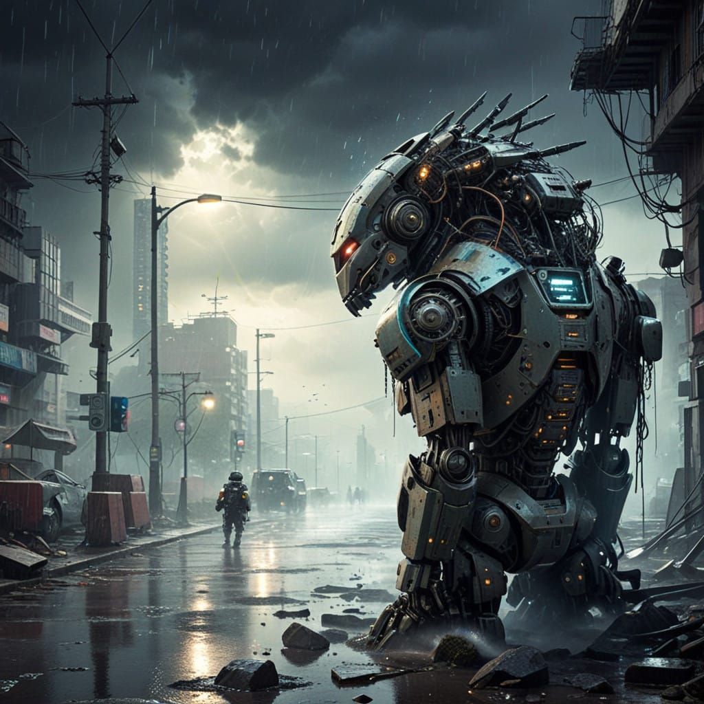 Cyberpunk Cityscape with Mapache Robot in a Storm